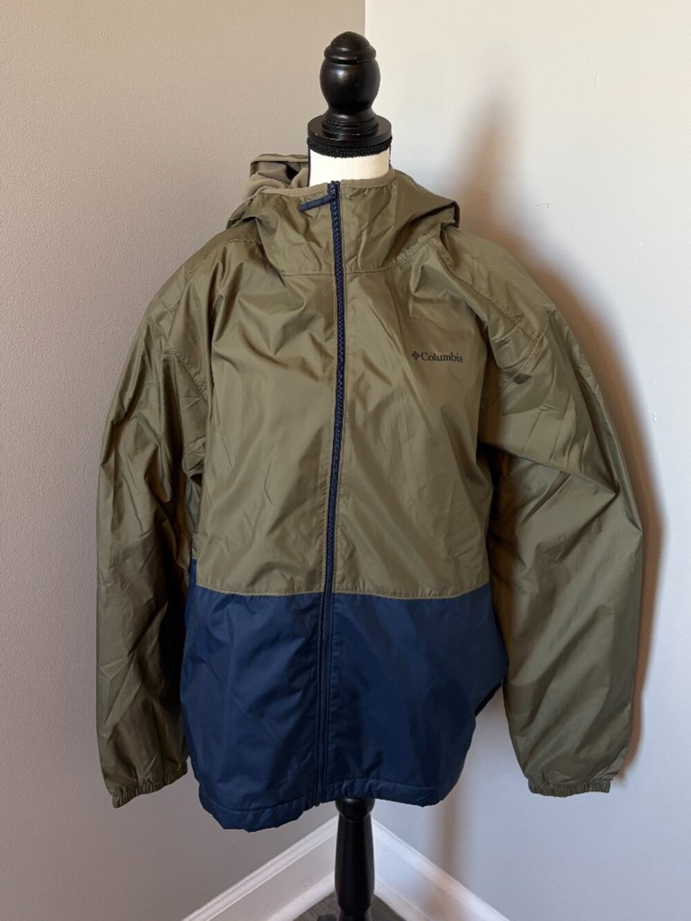 Columbia mens hooded lined windbreaker rain jacket full zip green navy XL